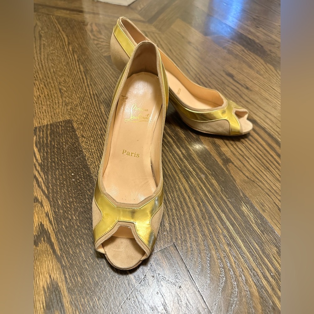 Red Bottoms. Tan Suede Peep Toe Pumps With Gold Accents fit like size 8.